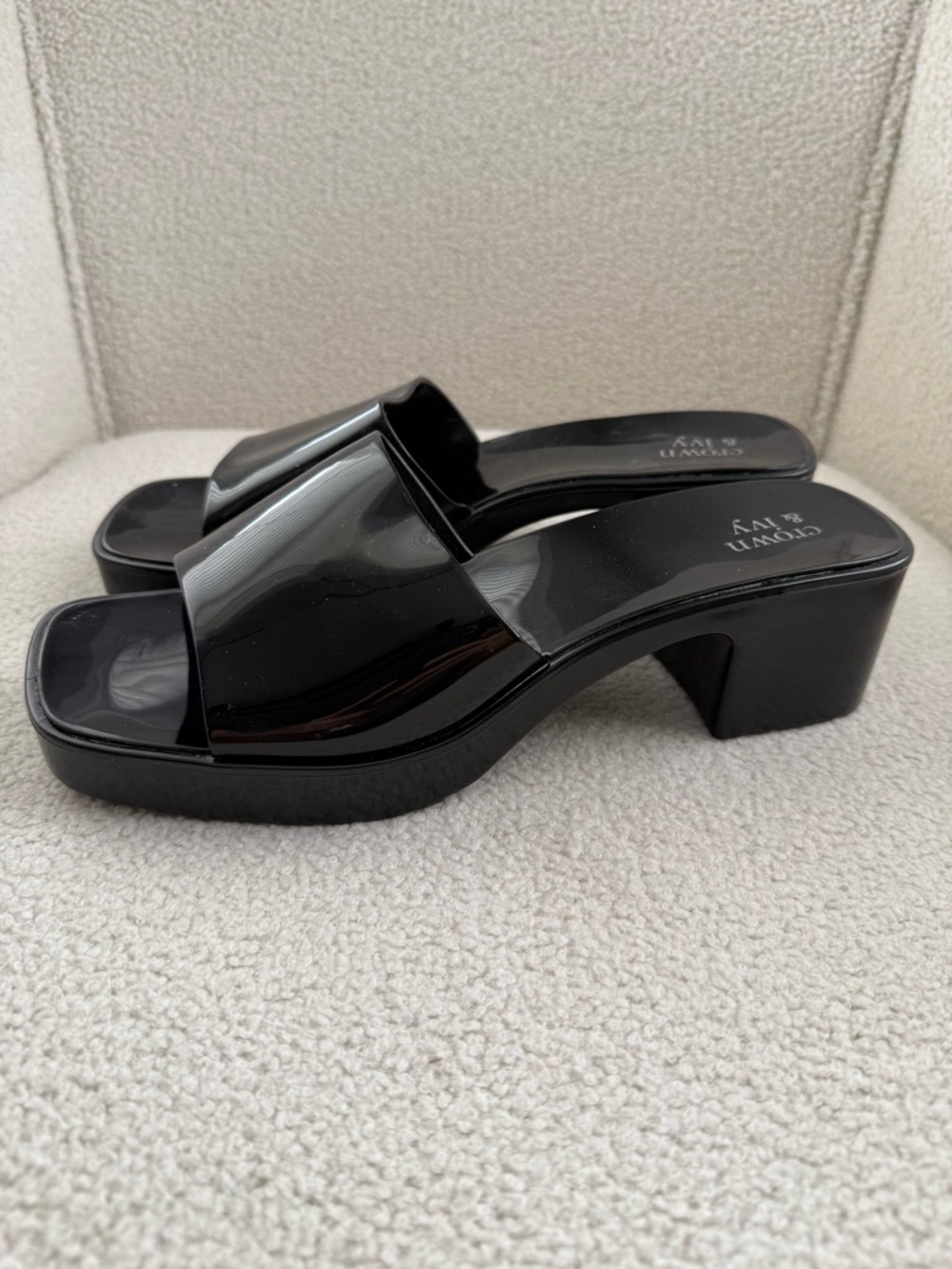 crown & ivy Black and White Patent Slide Mules